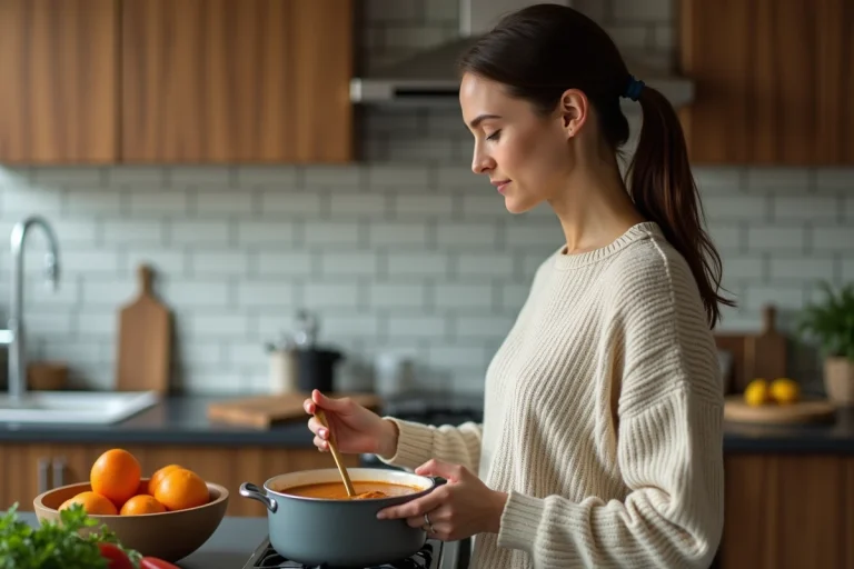 Femme en cuisine préparant une soupe dans un cadre chaleureux