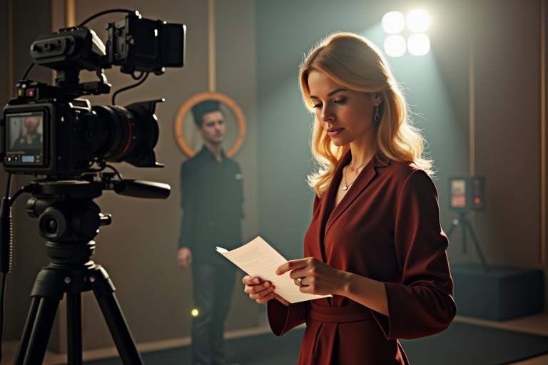 Femme confiante en coulisses de tournage avec script