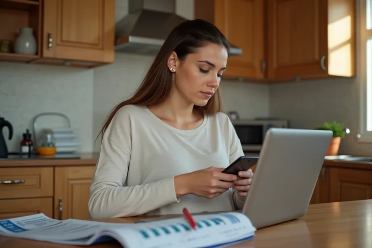 Femme enceinte utilisant un ordinateur dans la cuisine chaleureuse