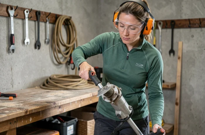 Femme inspectant une débroussailleuse à batterie dans un atelier de jardinage avec des outils accrochés au mur