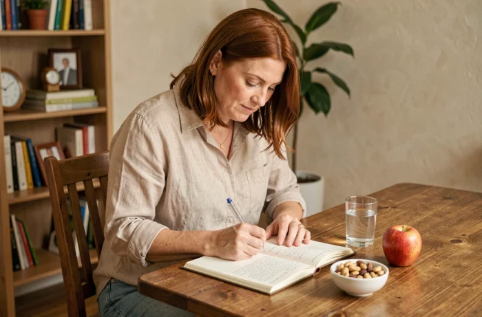 Femme notant ses objectifs alimentaires dans un journal nutritionnel pour une perte de poids efficace et durable