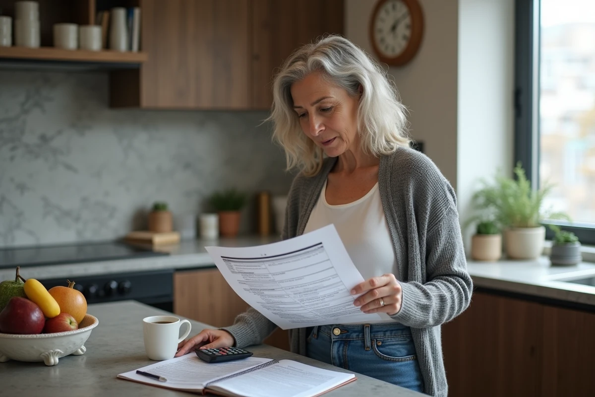 Femme examine ses papiers fiscaux à la cuisine