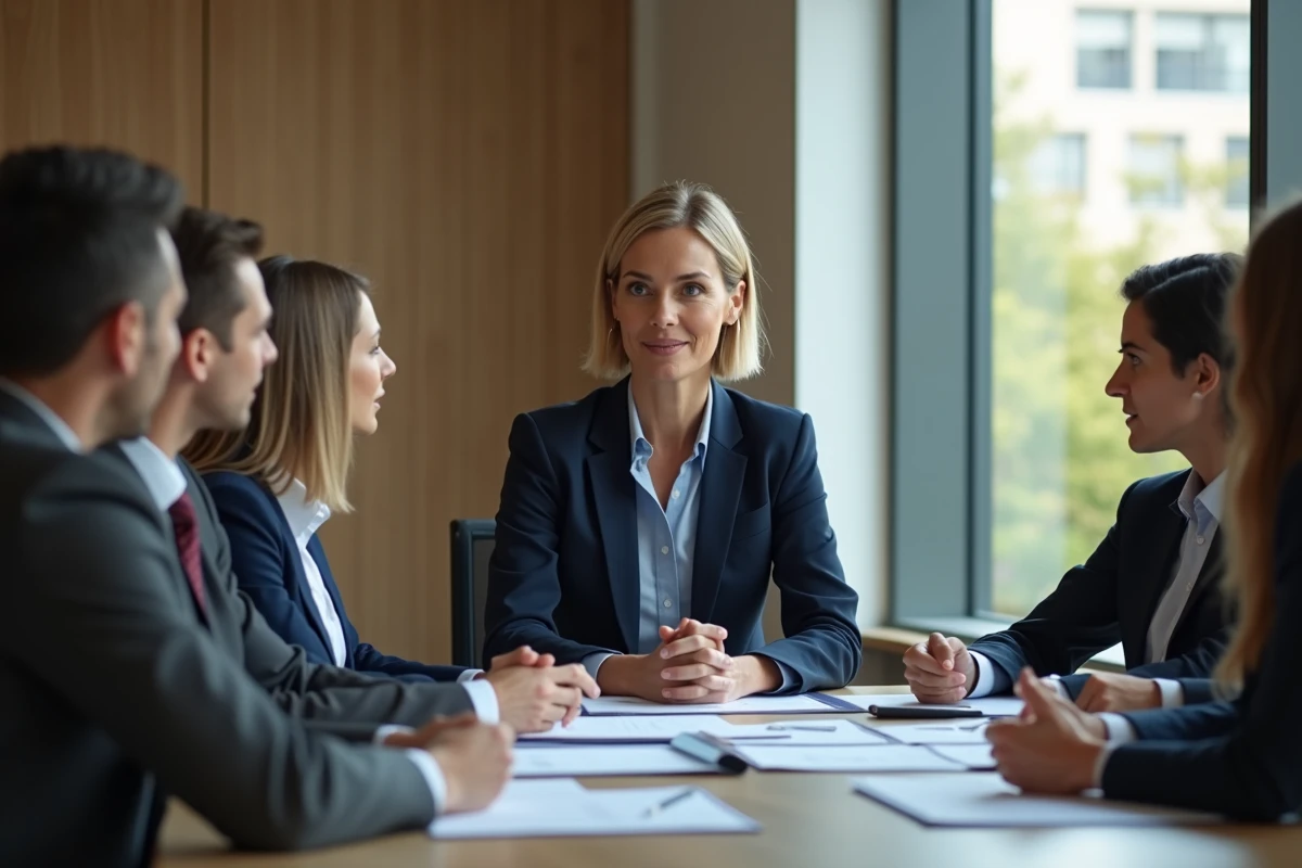 Femme leader en réunion avec son equipe lors d