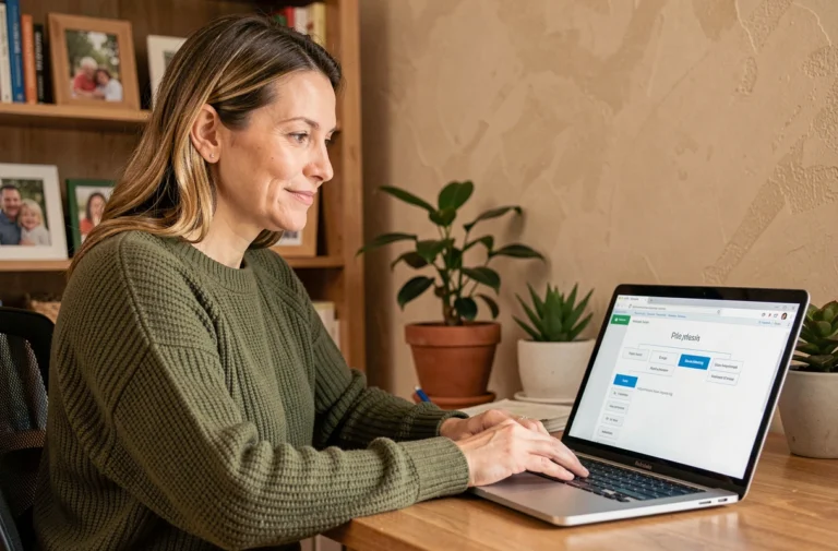 Femme consultant le plan du site Family 2 Family sur un ordinateur portable dans un bureau à domicile chaleureux