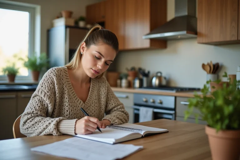 Femme écrivant sa to do list dans un appartement lumineux