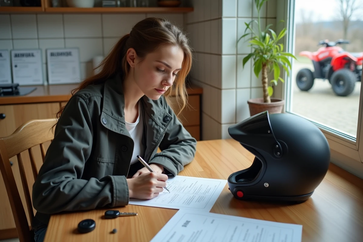 Jeune femme à la maison remplit des papiers avec un quad visible par la fenêtre