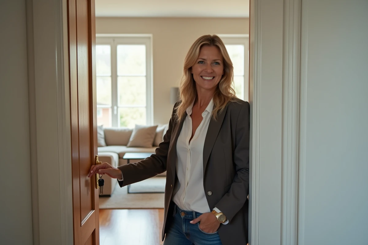 Femme souriante entrant dans un appartement rénové