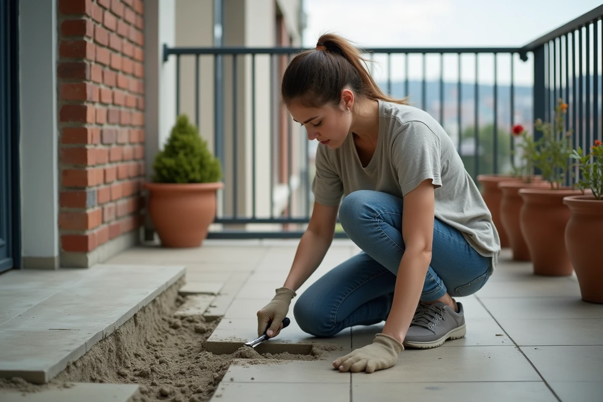 Femme répare un balcon avec une truelle dans un appartement