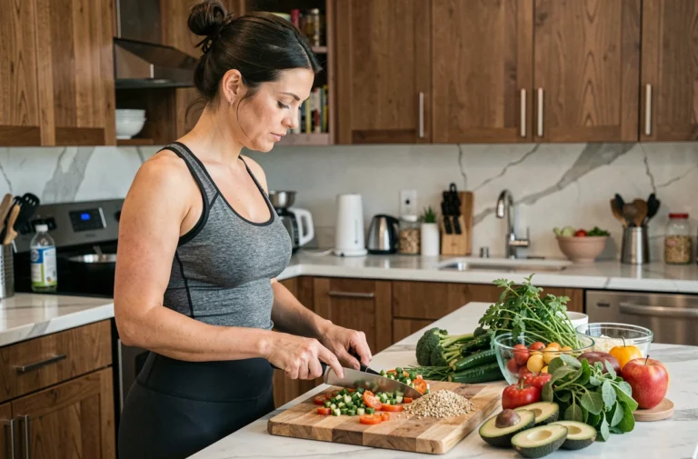 Femme préparant un repas sain et équilibré dans une cuisine moderne pour perdre du poids durablement