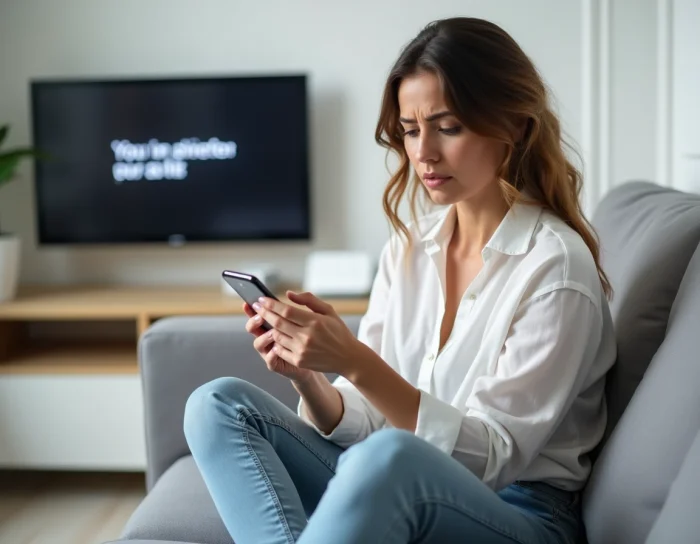 Femme consultant son téléphone pour corriger l'erreur s01-06 sur sa box Orange