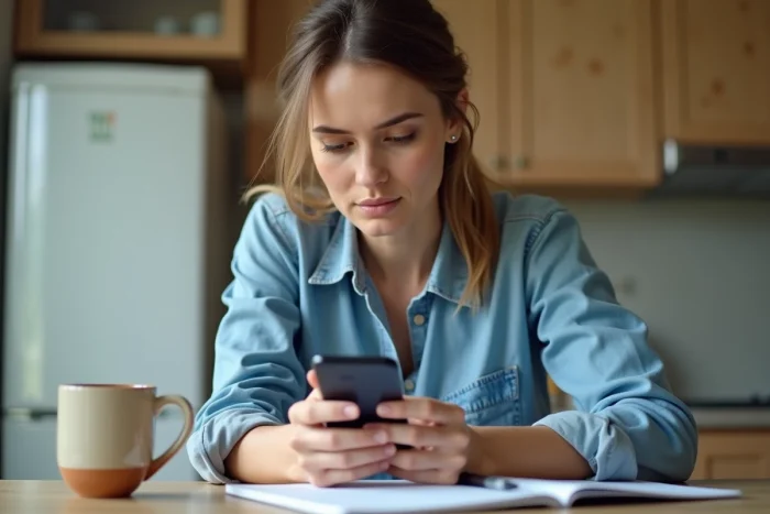 Femme concentrée utilisant son smartphone dans la cuisine