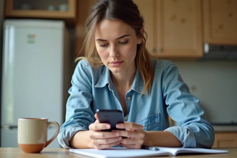 Femme concentrée utilisant son smartphone dans la cuisine