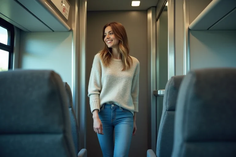Femme souriante sortant des toilettes dans un bus moderne