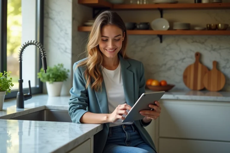 Jeune femme utilisant une tablette dans une cuisine moderne