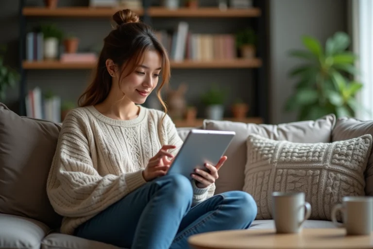 Femme en détente utilisant une tablette pour lire les actualités