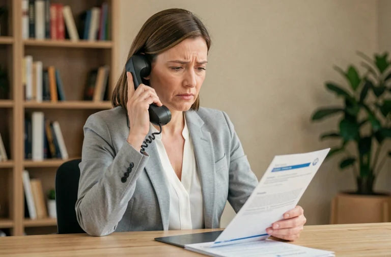Femme au téléphone consultant un document bancaire pour contacter le service recouvrement de La Banque Postale