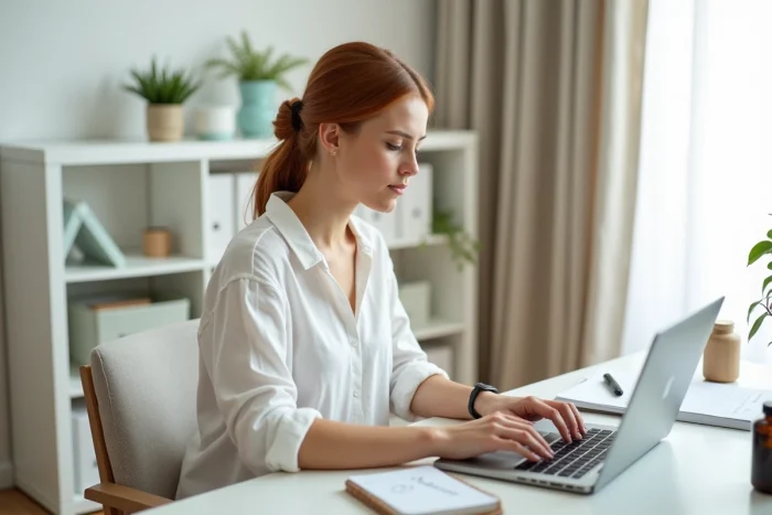 Femme rédigeant un témoignage sur Hepaliv depuis son bureau à domicile avec un ordinateur portable
