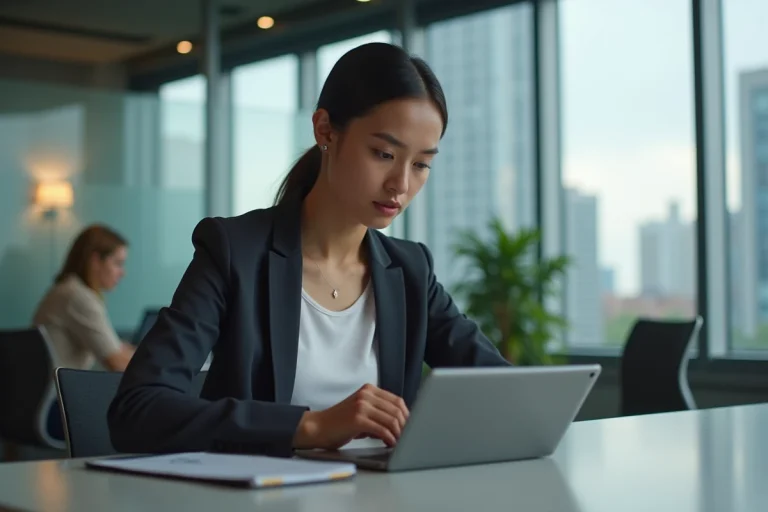 Jeune femme en bureau regardant une tablette avec concentration