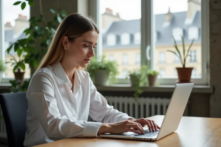 Femme utilisant une plateforme d'intelligence artificielle française Nation AI sur son ordinateur portable dans un espace de coworking parisien moderne