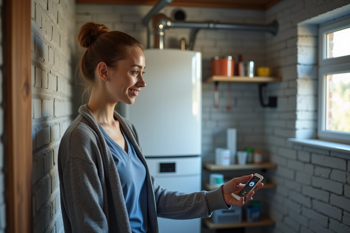Femme contrôlant la chaudière dans la buanderie moderne