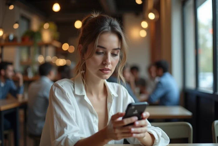 Femme consultant un VPN sur son smartphone dans un café pour sécuriser sa connexion sur réseau Wi-Fi public
