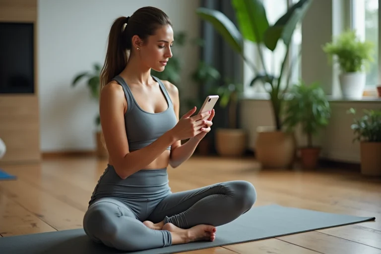 Femme assise en yoga avec smartphone dans un intérieur moderne