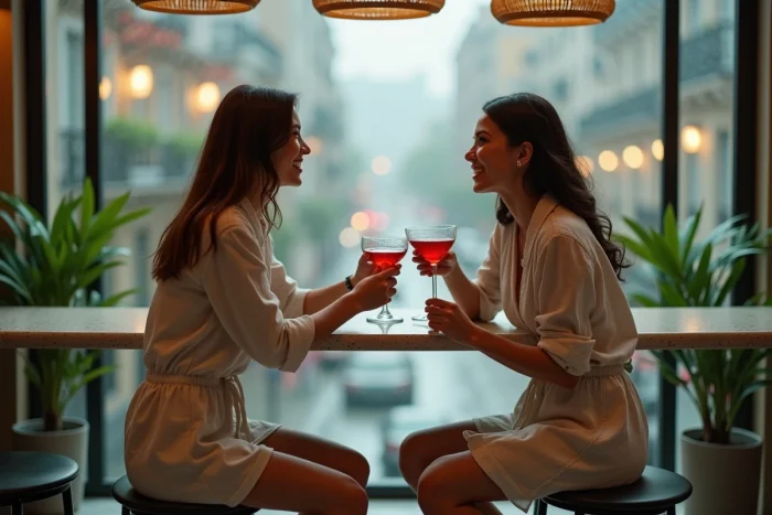 Deux femmes souriantes trinquant avec des cocktails créatifs dans un bar contemporain avec vue sur la ville sous la pluie