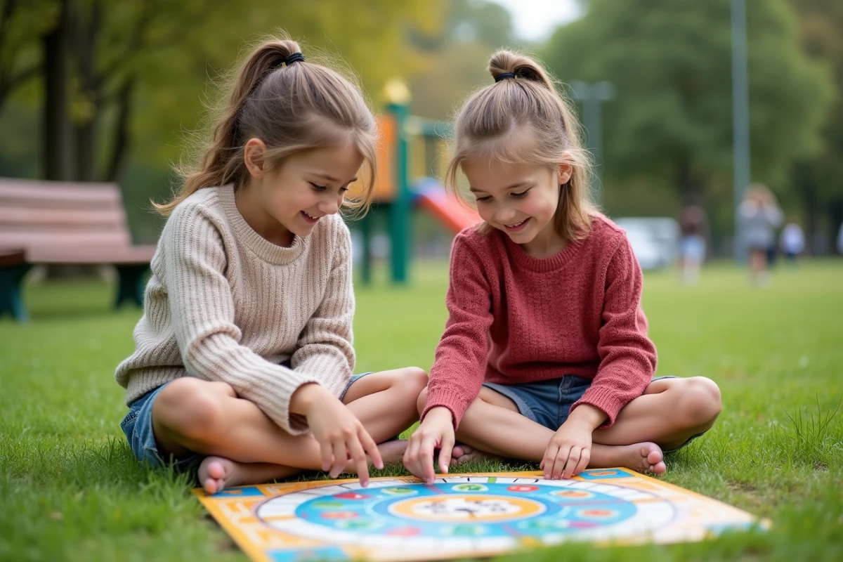 Fille de 9 ans joue à un jeu de société dans un parc en plein air