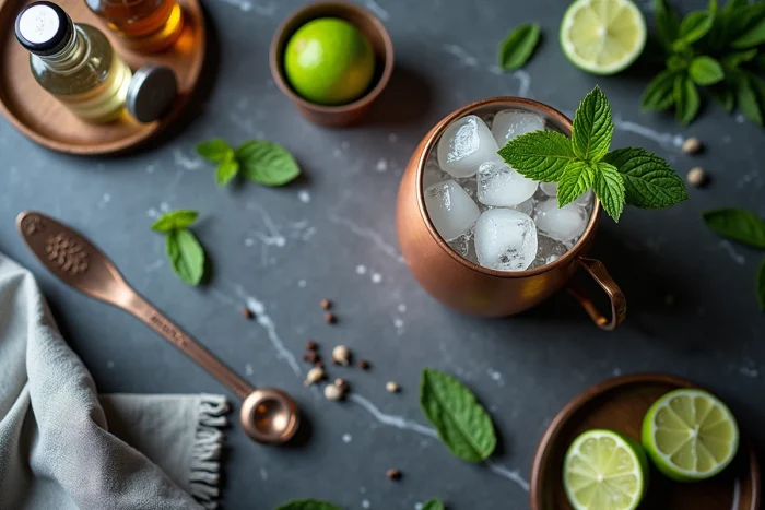 Flat-lay éditorial d'une préparation de cocktail artisanal avec mug en cuivre, herbes fraîches et outils de bar sur marbre gris