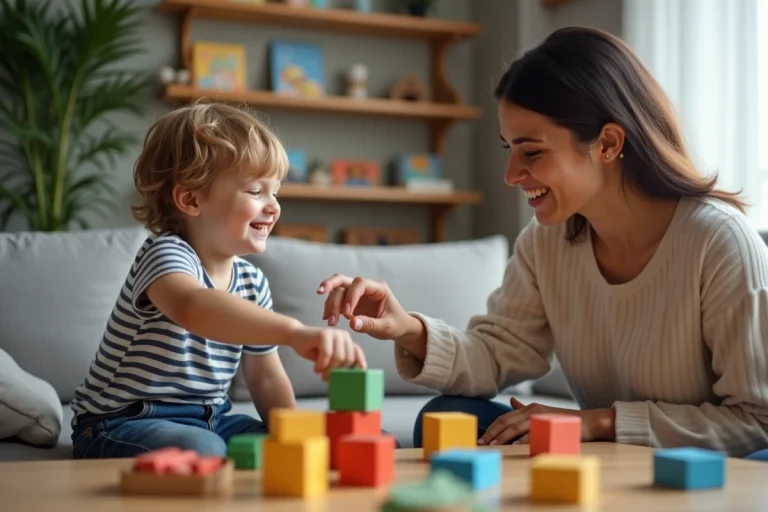 Garçon de 7 ans joue avec sa mère dans un salon chaleureux