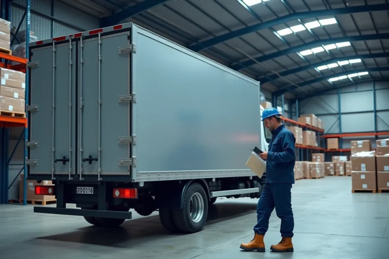 Fourgon utilitaire grand volume inspecté par un technicien dans un entrepôt logistique moderne, vue arrière montrant les dimensions imposantes du véhicule
