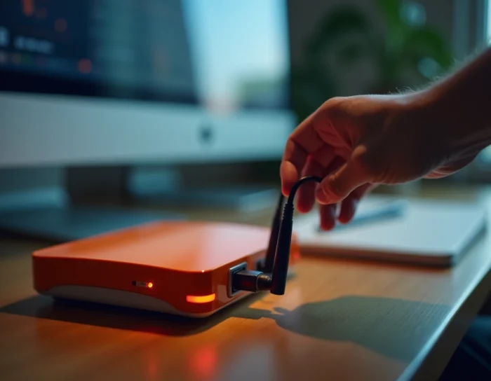 Gros plan sur la box Orange avec voyant rouge et câble ethernet débranché lors d'une erreur s01-06