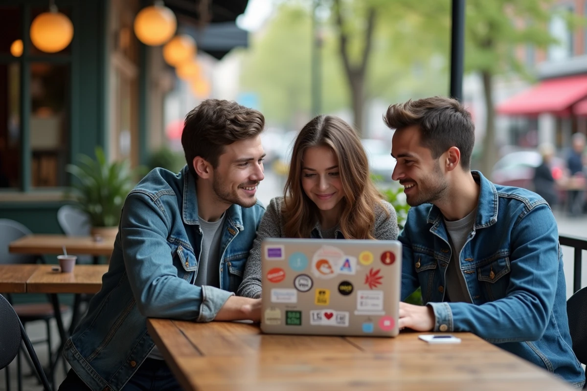 Trois jeunes discutant autour d un ordinateur portable en terrasse