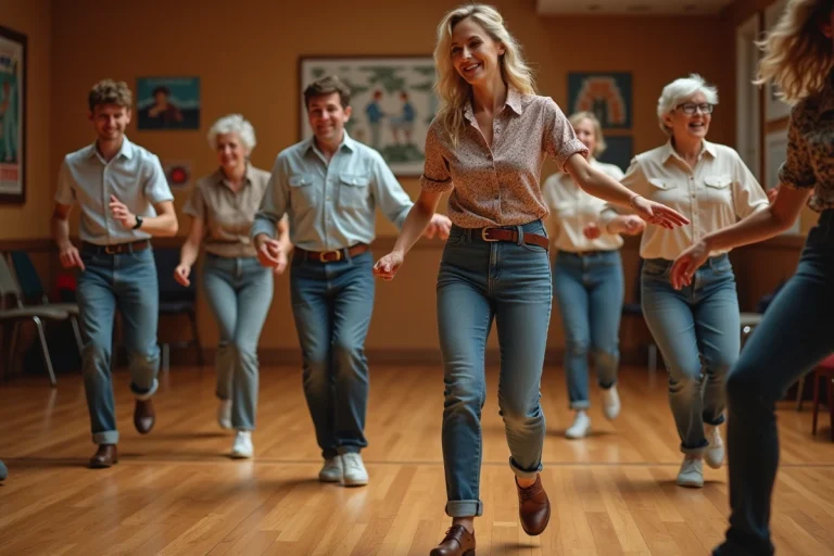 Groupe d'adultes dansant la Madison dans une salle vintage