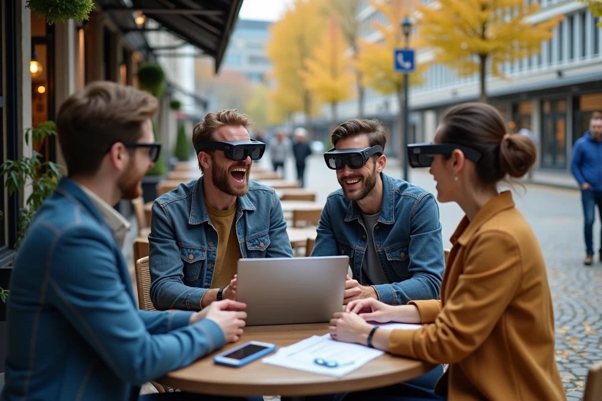 Groupe de collègues discutant de gadgets technologiques en terrasse