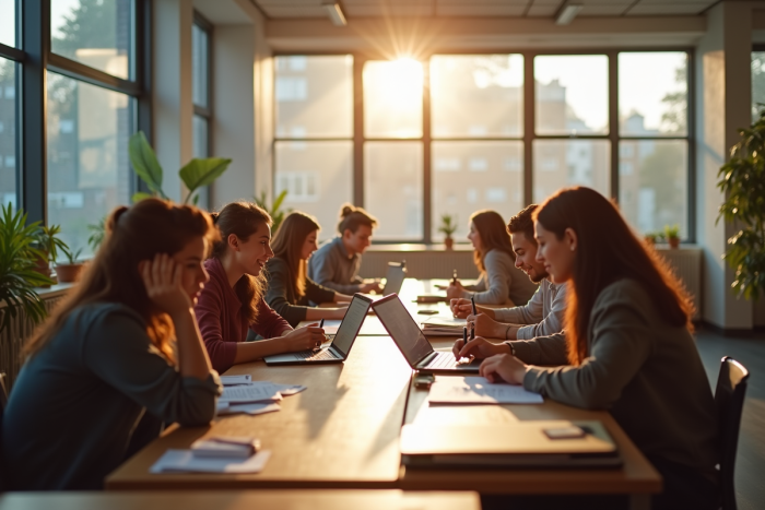 Groupe d'élèves et professeur en classe moderne avec table et tablettes