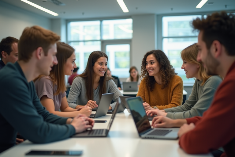 Groupe d'étudiants universitaires collaborant avec tablettes