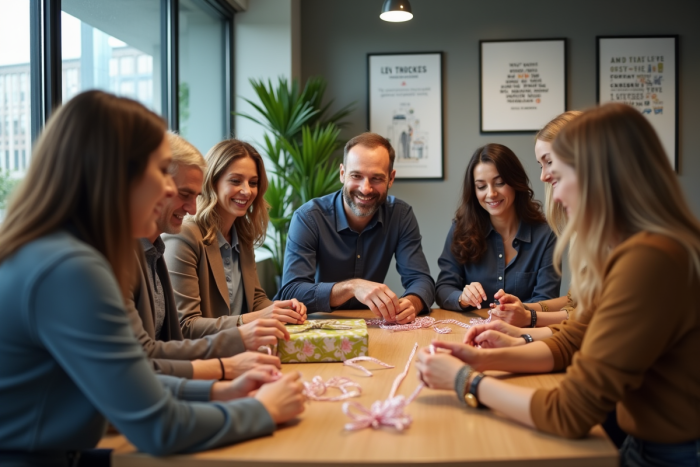 Groupe divers de collègues participant à un atelier de cadeaux en entreprise