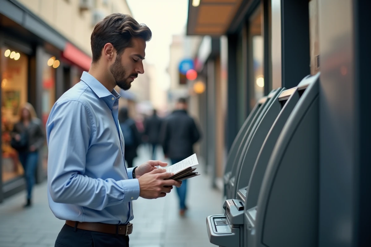 Homme utilisant un distributeur automatique en ville
