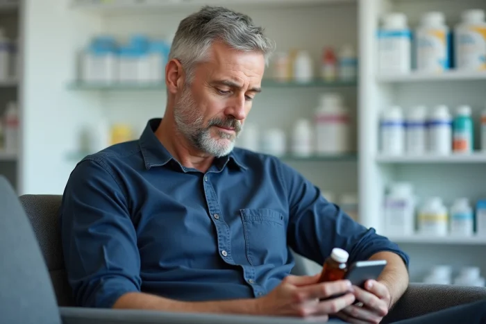 Homme consultant les avis d'Hepaliv sur son téléphone dans une salle d'attente de pharmacie