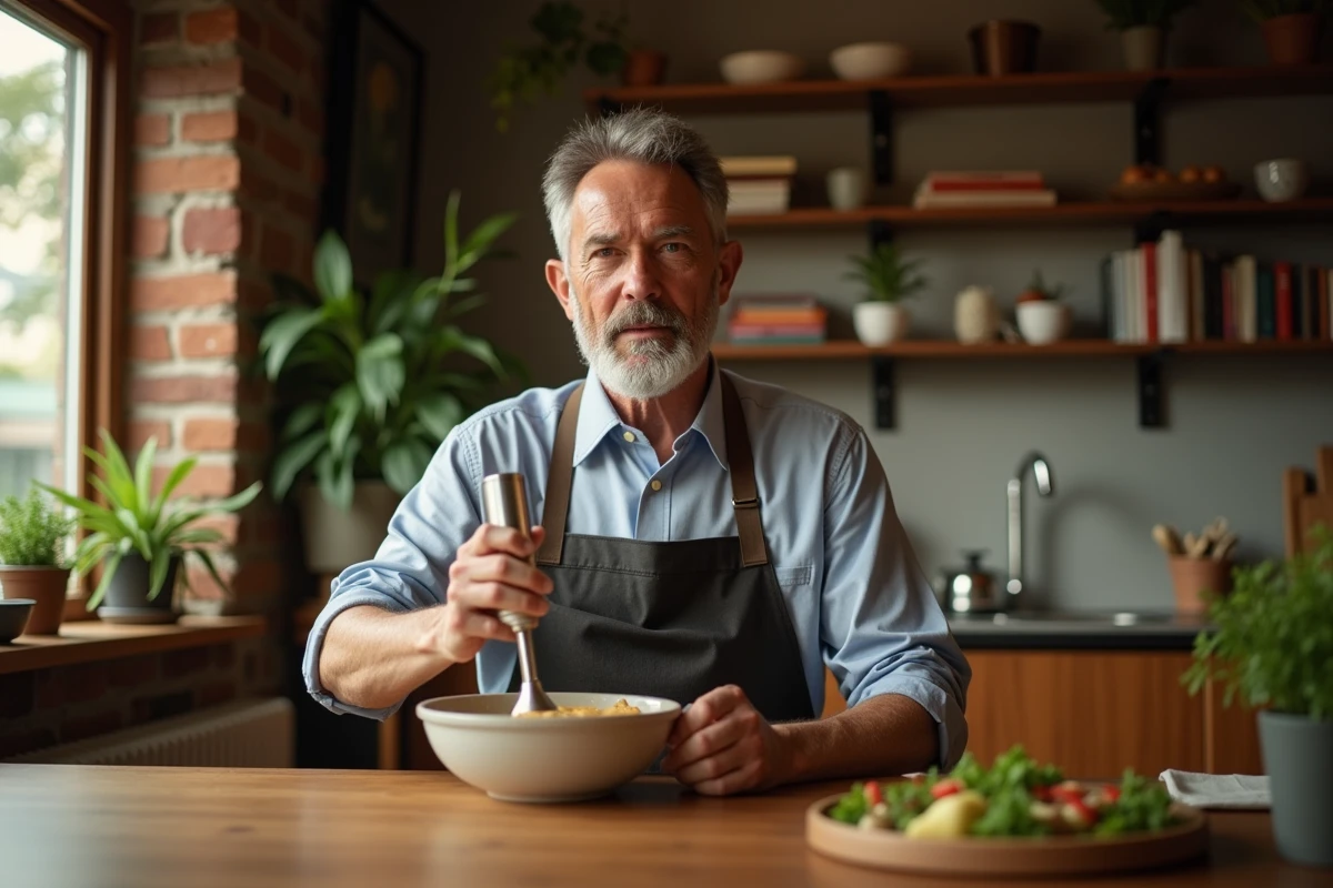 Homme utilisant un mixeur à main pour la soupe dans la salle à manger