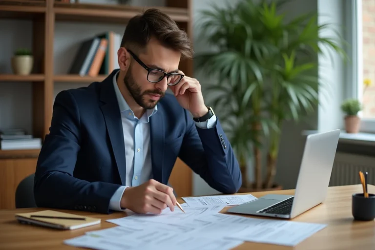 Homme en costume organise ses documents financiers