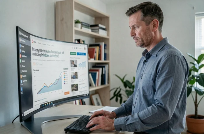 Homme consultant les dernières informations et tendances incontournables de son secteur sur un grand moniteur dans un bureau à domicile moderne
