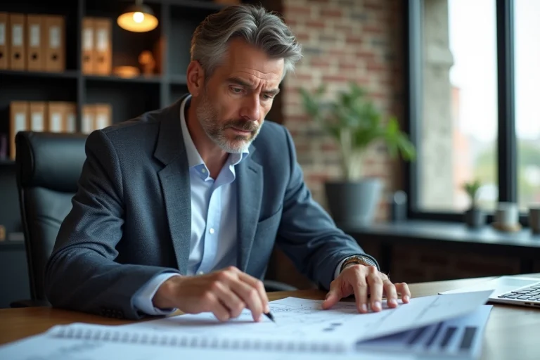 Homme d'affaires examinant des plans et documents financiers
