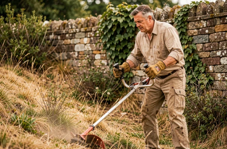 Homme utilisant une débroussailleuse thermique pour entretenir les bordures d'un jardin en pente avec des herbes hautes