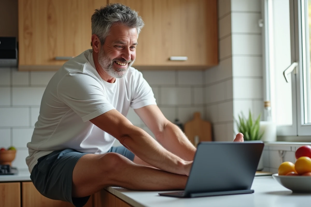 Homme en étirement avant fitness dans la cuisine moderne