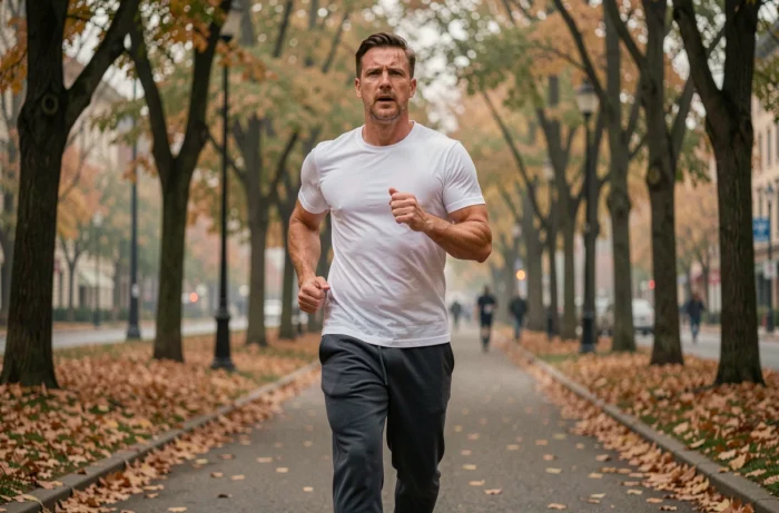 Homme faisant du jogging dans un parc urbain pour maintenir une perte de poids durable au quotidien