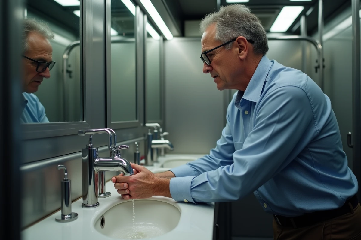 Homme se lavant les mains dans une petite salle de bus