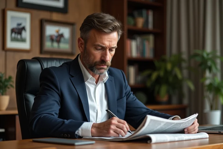 Homme d age moyen lisant un journal de courses