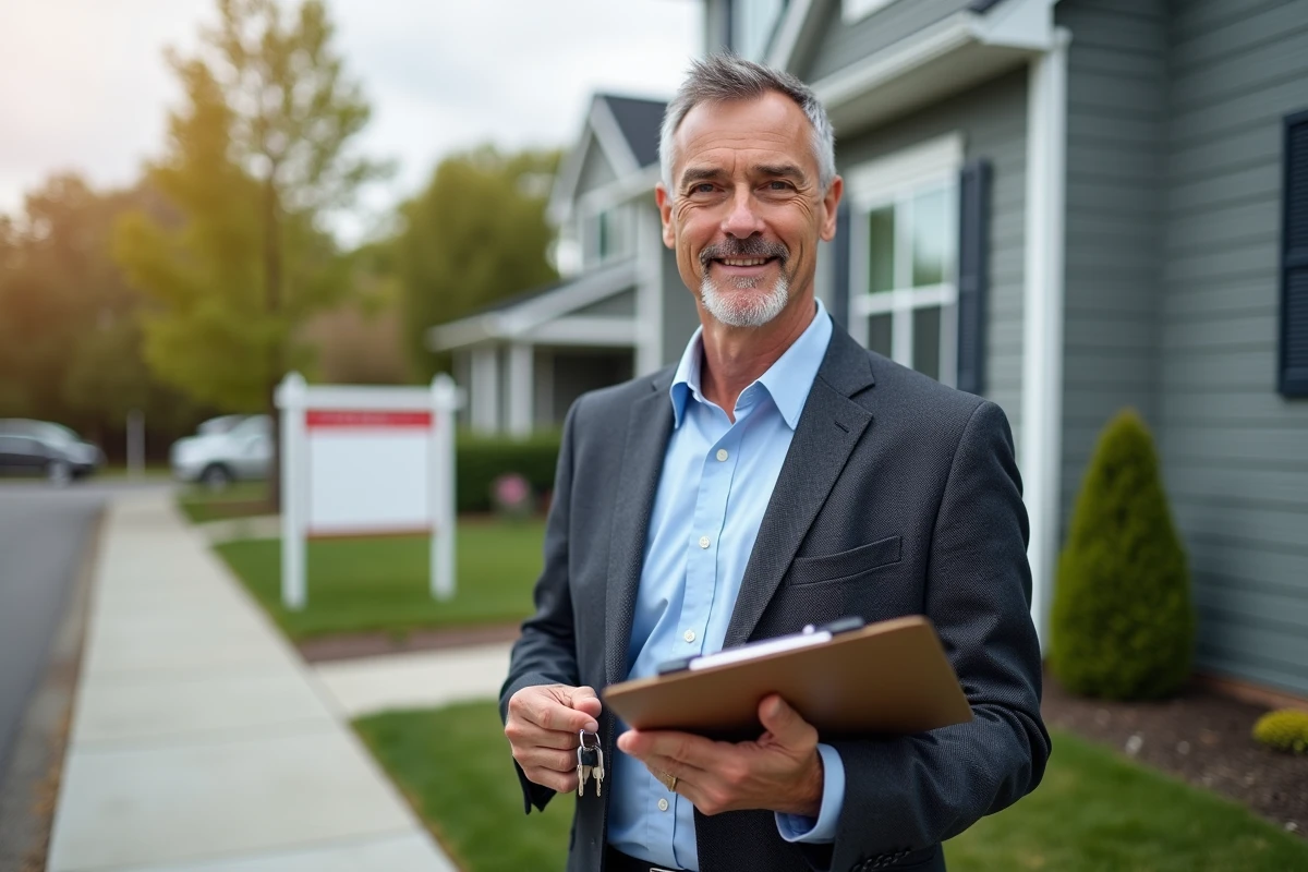 Homme souriant devant une maison neuve en banlieue